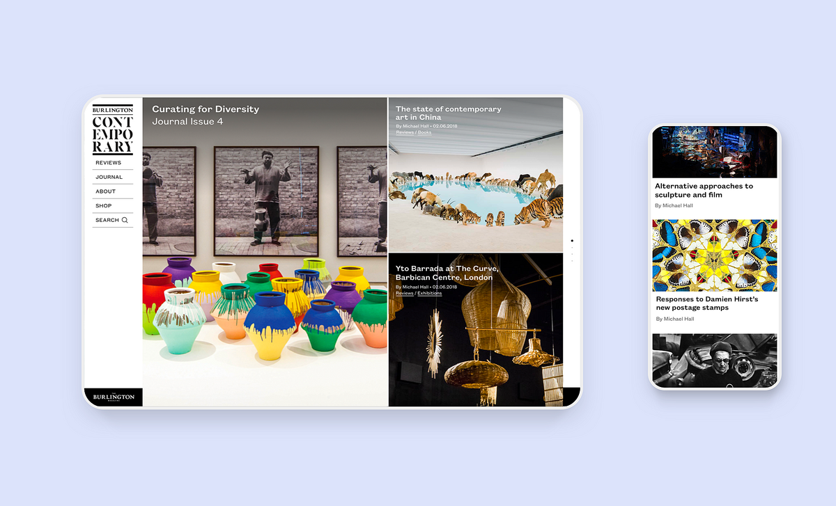Image showcasing the Navigation menu and design for the Burlington Contemporary website on both mobile and desktop.