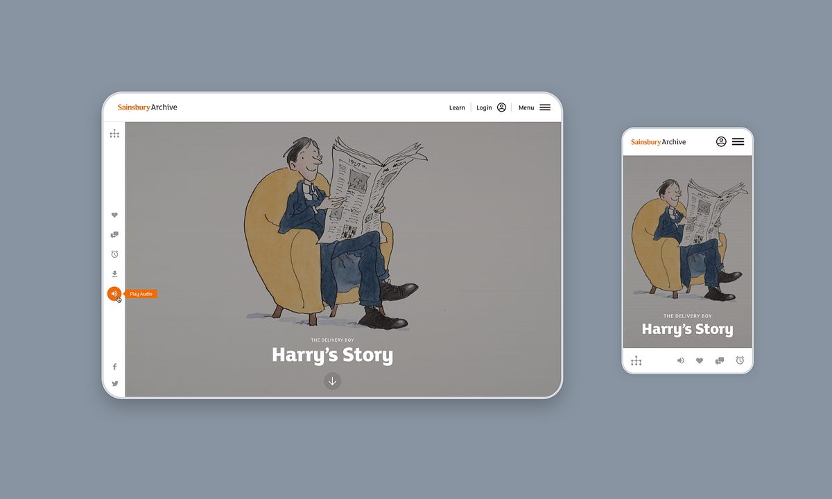 Image of the Stories page on the Sainsbury Archive website on desktop and mobile view.