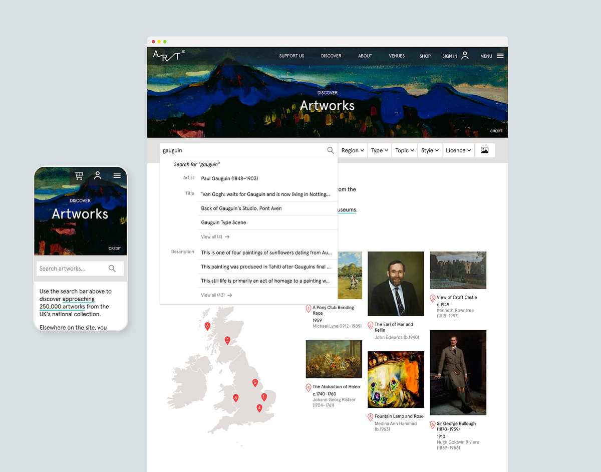 Image of the Discover page and features on the Art UK website, for both mobile and desktop.