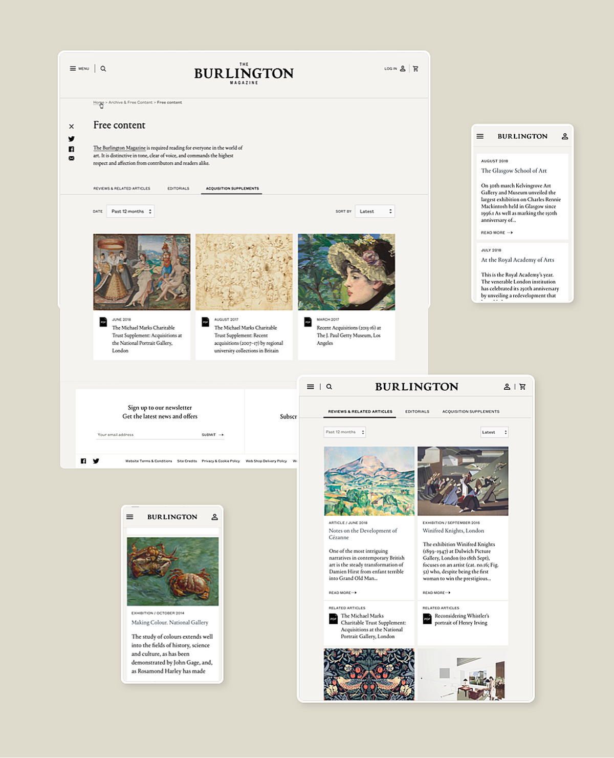 Images showcasing the varied dynamic elements of the Burlington Museum website, on mobile and desktop views.