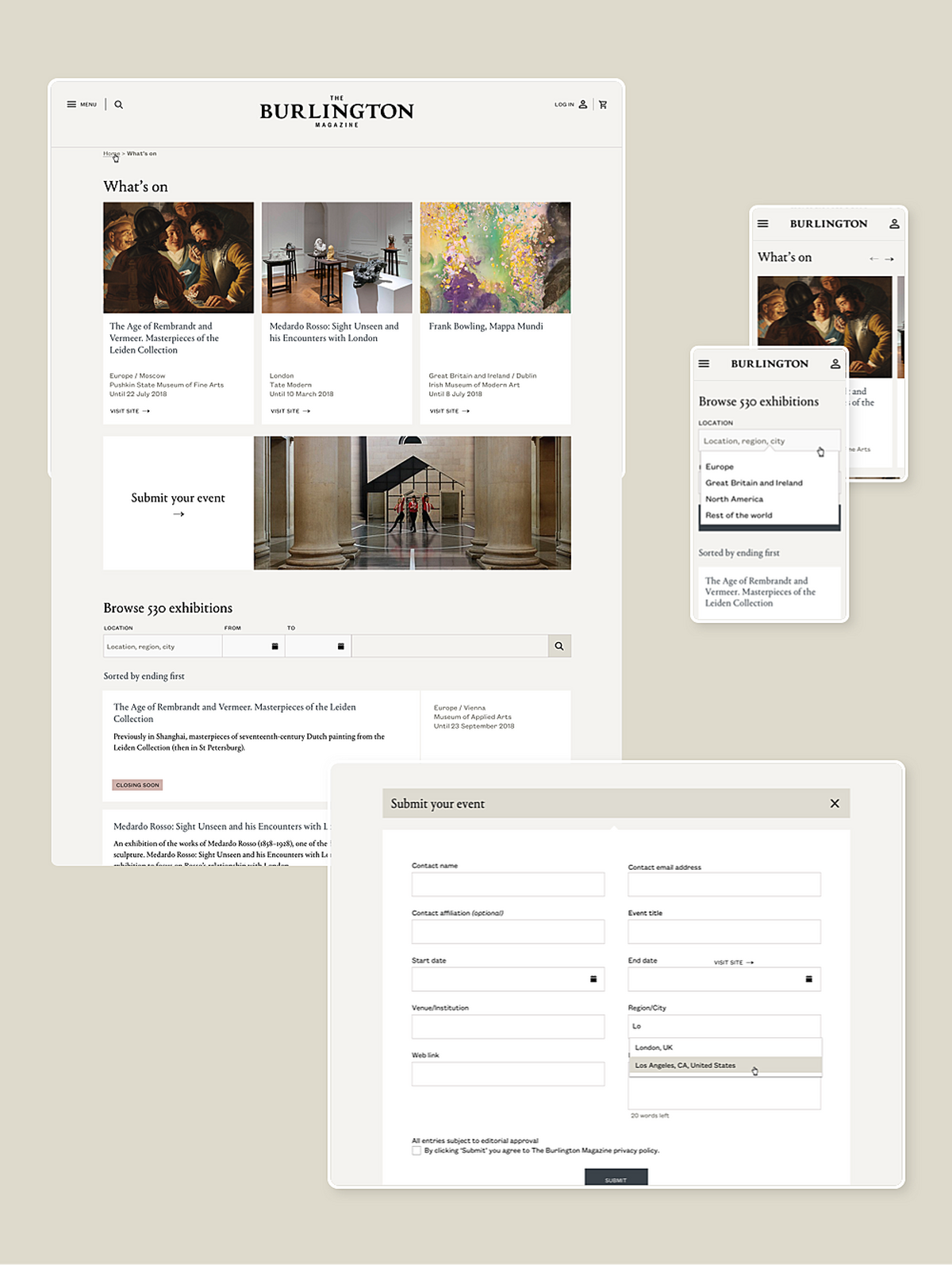 Image of the What's on page for the Burlington Museum website, on mobile and desktop view.