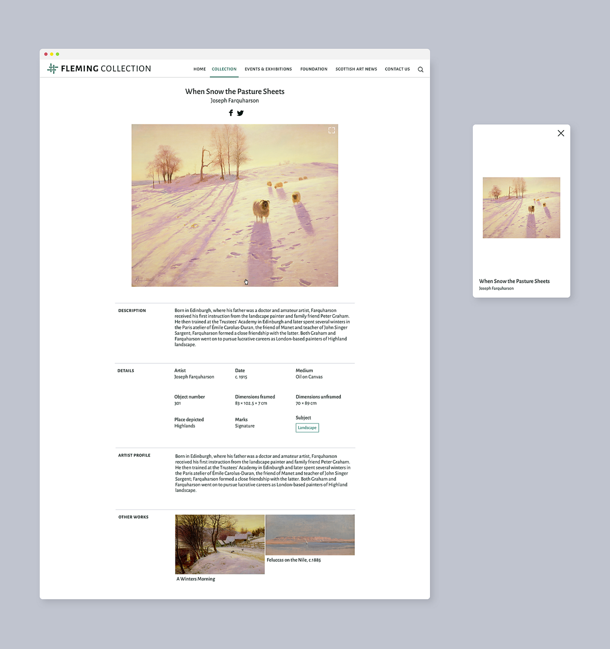 Image of a record page with content on the Fleming Collection website on both desktop and mobile.