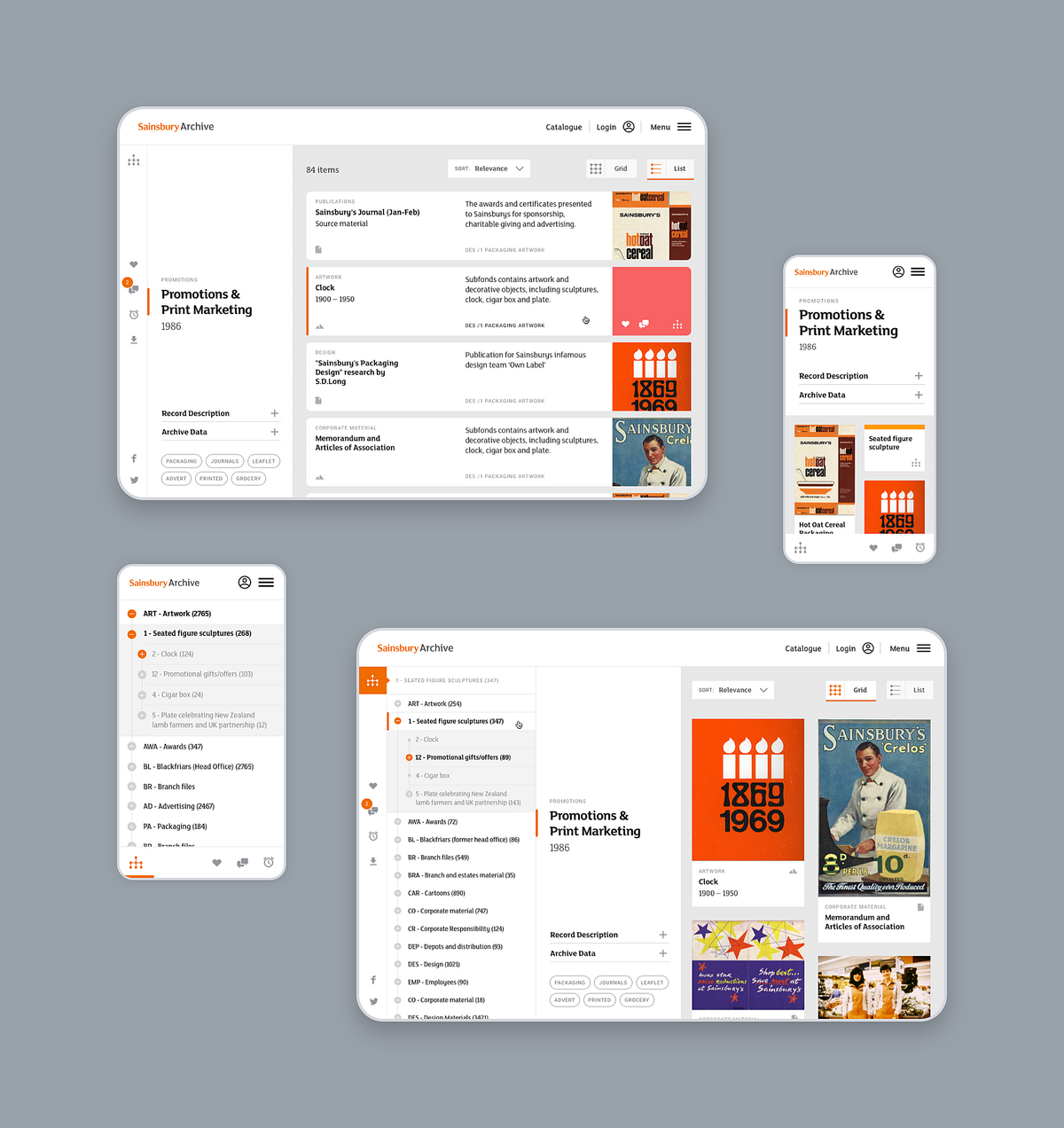 Images of the hierarchy of records on both mobile and desktop for the Sainsbury Archive website.