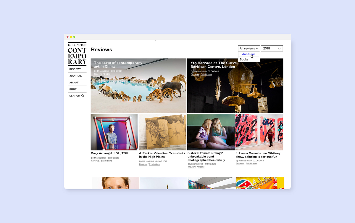 Image of the Reviews page and layout for the Burlington Contemporary website.