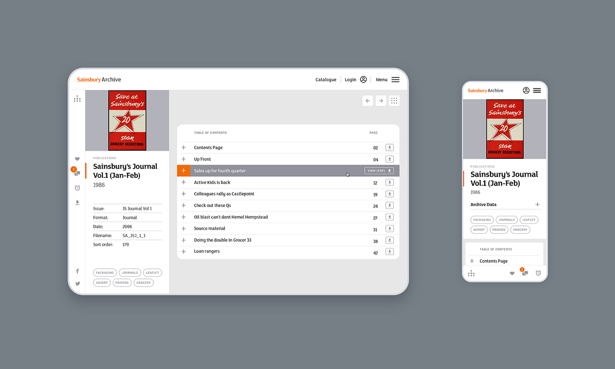 Image of a record view on desktop and mobile for the Sainsbury Archive website.