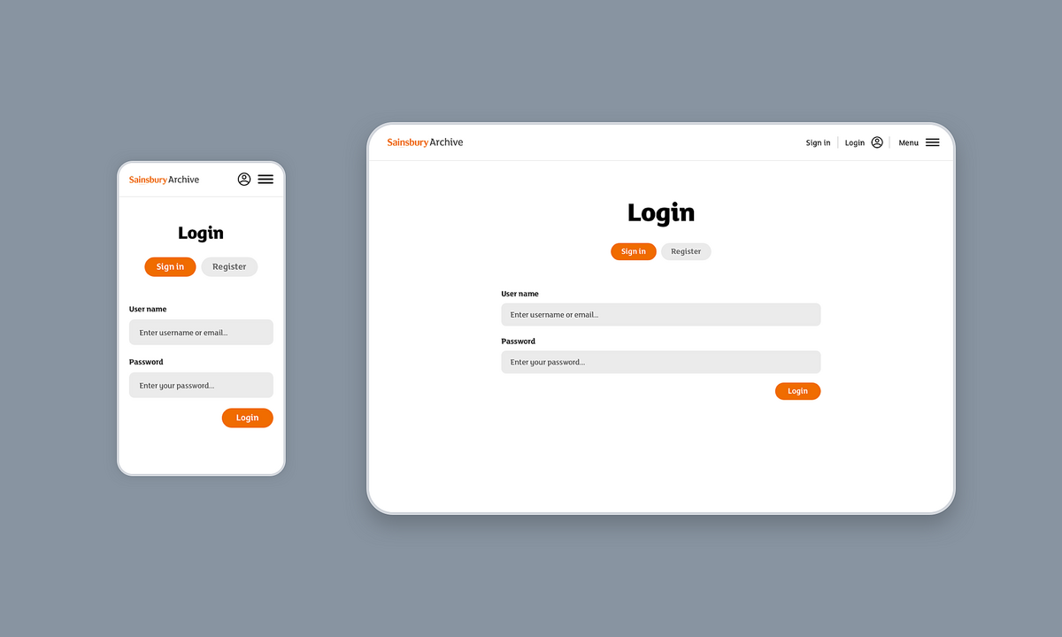 Image of the Login screen for both desktop and mobile for the Sainsbury Archive.