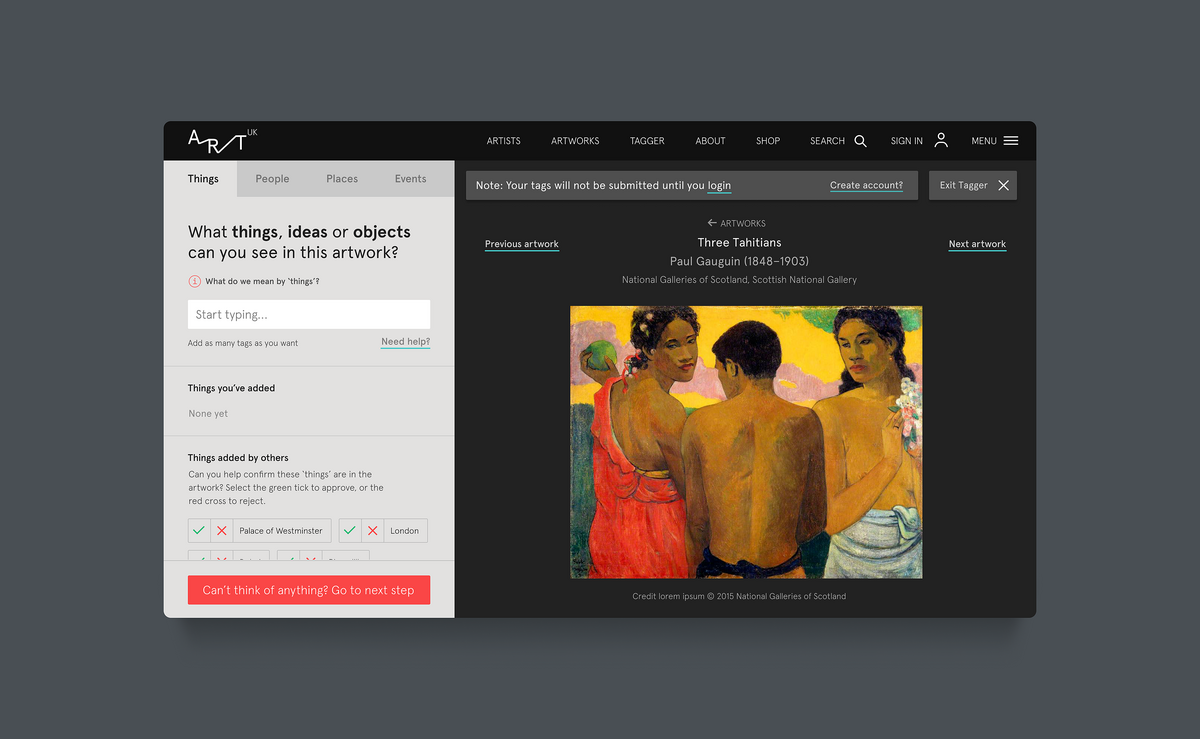 Image of the Start tagging view and features.