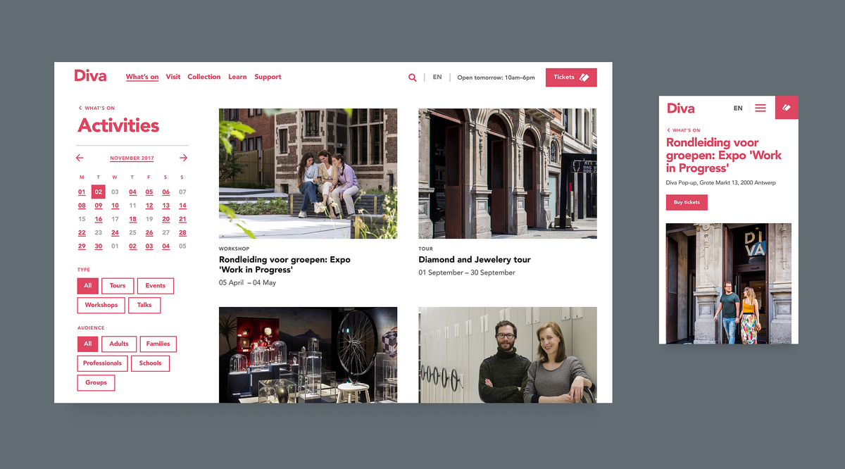 Image showcasing the What's on page for the DIVA website, on both desktop and mobile view.