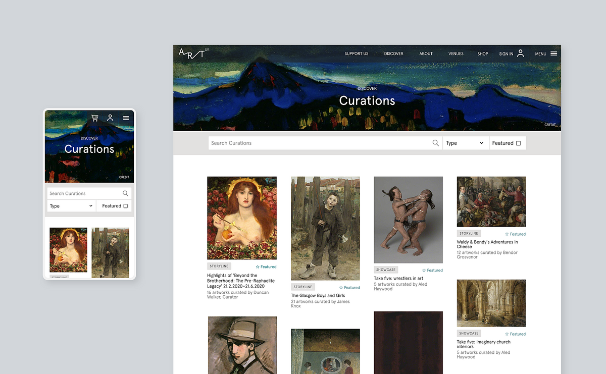 Image of the Discover Curations landing page on both desktop and mobile, showcasing the unique design elements a features.