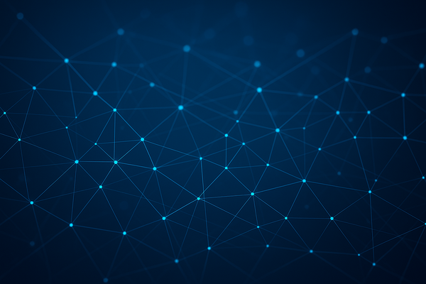 Abstract blue background with glowing dots and connecting lines forming a digital network pattern.